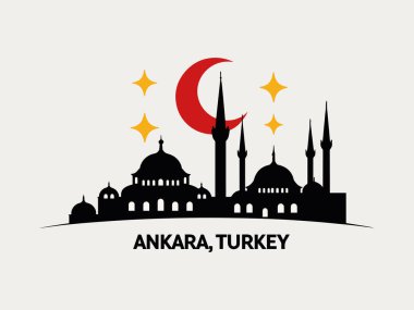 Stunning vector illustration of Ankara, Turkey's skyline, featuring the iconic Atakule Tower, Kocatepe Mosque, and elegant crescent moon and starry details. Perfect for travel guides, cultural projects, tourism campaigns, or Middle Eastern-themed des clipart