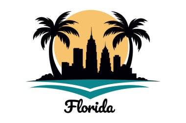 Miami, Florida 'nın siluetinin canlı vektör çizimi, ikonik palmiye ağaçları ve dalgalı okyanus dalgaları. Seyahat rehberleri, turizm kampanyaları ya da tropikal temalı tasarımlar için mükemmel. Miami 'nin şehir mimarisi, sahil cazibesi ve 