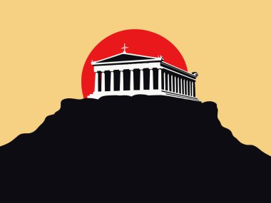 Tepedeki Parthenon sütunlarının çarpıcı vektör illüstrasyonunda arka planda canlı bir günbatımı var. Seyahat rehberleri, kültürel projeler, turizm kampanyaları ya da antik tarih temalı tasarımlar için mükemmel. Vurgulamalar arasında ikonik Yunanca 
