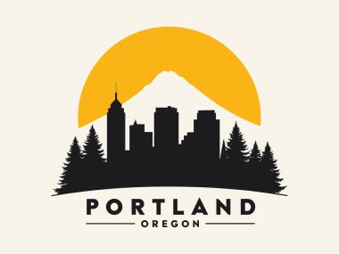 Portland, Oregon 'un ufuk çizgisinin çarpıcı vektör çizimi. Hood Dağı, yemyeşil ağaçlar ve güneşli bir manzara. Seyahat rehberleri, turizm kampanyaları ya da Pasifik Kuzeybatı temalı tasarımlar için mükemmel. Önemli noktalar arasında Portland 'ın şehir mimarı