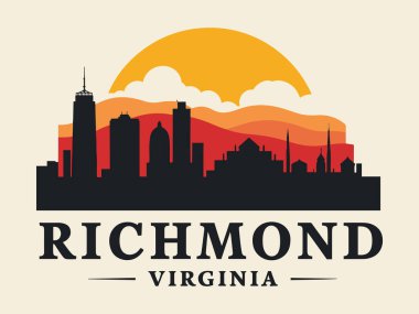 Virginia 'nın ufuk çizgisi Richmond' ın çarpıcı vektör çizimi, Colonial Williamsburg mimarisi, yuvarlanan tepeler ve canlı bir gündoğumu manzarası. Seyahat rehberleri, turizm kampanyaları ya da tarihi tasarımlar için mükemmel. Vurgulamalar