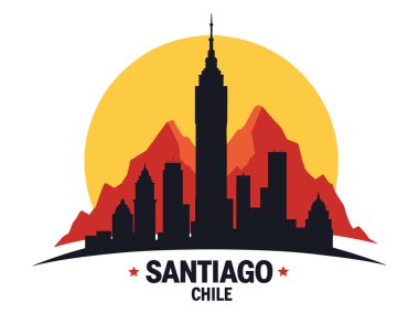 Şili 'nin ufuk çizgisi Santiago' nun çarpıcı vektör çizimi, Gran Torre Santiago, kırmızı And Dağları ve günbatımı yansımaları. Seyahat rehberleri, turizm kampanyaları ya da Güney Amerika temalı tasarımlar için mükemmel. Önemli noktalar Santiago 'nun...