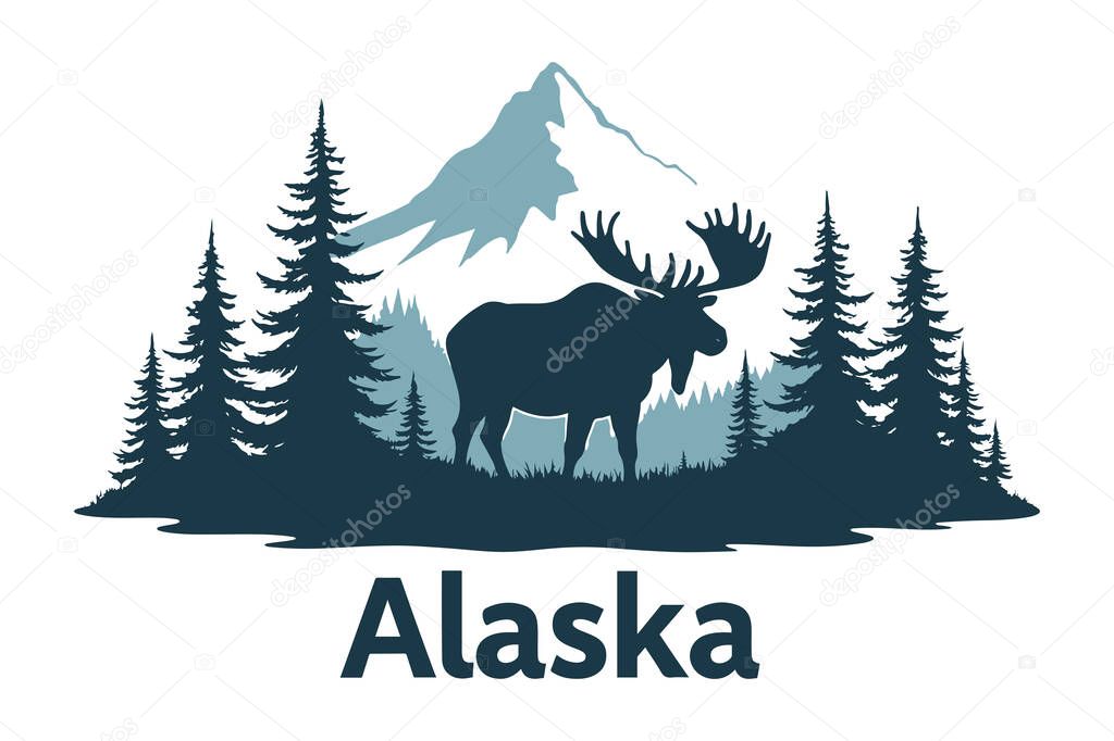 Stunning vector illustration of Alaska's Denali Mountain surrounded by lush pine trees and wildlife. Perfect for nature-themed designs, travel brochures, educational materials, or outdoor adventure campaigns. Features iconic elements like snow-capped