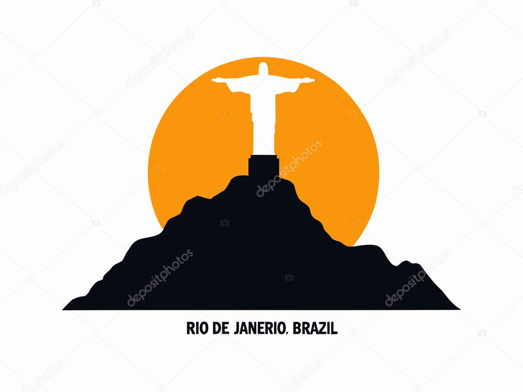 Breathtaking vector illustration of Christ the Redeemer statue on Corcovado Mountain, bathed in the warm glow of a sunrise in Rio de Janeiro, Brazil. Perfect for travel guides, cultural projects, tourism campaigns, or Brazilian-themed designs. Highli