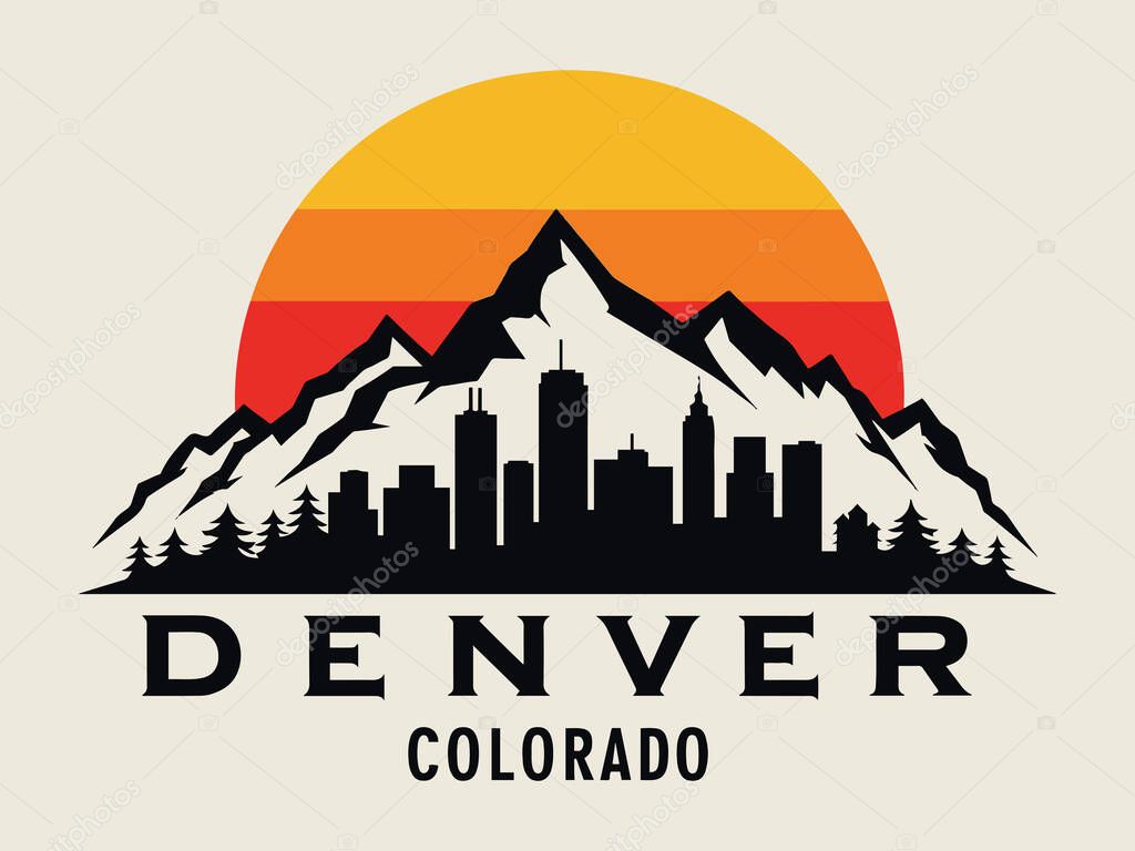 Stunning vector illustration of Denver, Colorado's skyline, featuring the Rocky Mountains, ski slopes, and a sunlit landscape. Perfect for travel guides, tourism campaigns, or outdoor adventure-themed designs. Highlights include Denver's urban archit