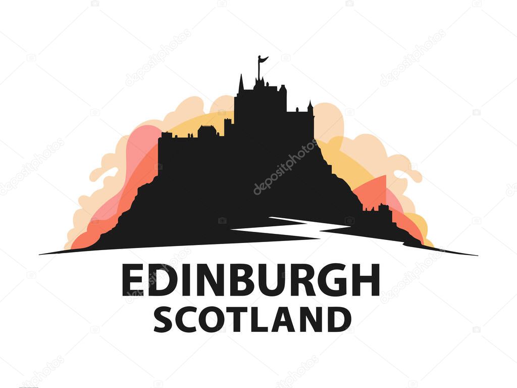 Stunning vector illustration of Edinburgh, Scotland's skyline, featuring the iconic castle silhouette, a rocky hill, and detailed cityscape highlights. Perfect for travel guides, cultural projects, tourism campaigns, or European-themed designs. Highl