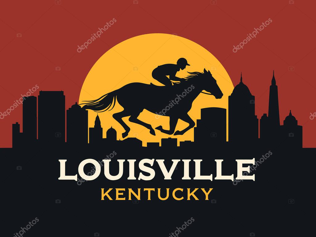 Striking black-themed vector illustration of Louisville, Kentucky's skyline, featuring the iconic Churchill Downs. Perfect for modern designs, travel guides, tourism campaigns, or sports-themed projects. Highlights include Louisville's urban architec
