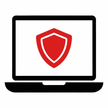 Kırmızı kalkanla eşleştirilmiş parlak siyah bir dizüstü bilgisayar cihaz güvenliği, siber güvenlik ve teknoloji ya da şirket projeleri için veri korumasını temsil ediyor..