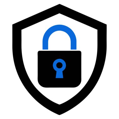 Mavi asma kilitli parlak siyah bir rozet. Teknoloji, şirket veya dijital güvenlik projeleri için güvenlik, güven ve korumayı simgeliyor..