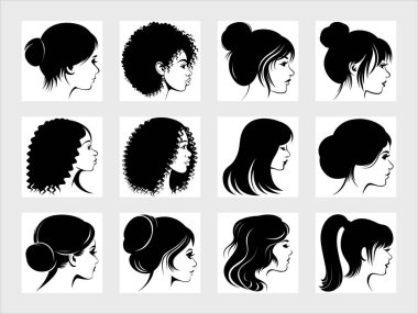 Siyah ve beyaz vektör koleksiyonu 12 adet saç şekilli siluet içeriyor. Çörekler, bukleler, afro, at kuyruğu ve uzun dalgalar da dahil. Kuaförler, güzellik blogları ve moda tasarımı için mükemmel..