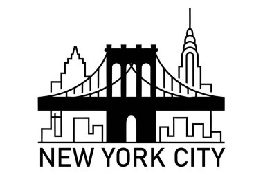 İkonik binalar ve simgeler içeren modern New York City silueti, seyahat markaları, hediyelik eşyalar ve şehir temalı projeler için ideal.