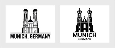 Münih şehir amblemi, kiliseler, kuleler ve tarihi binalar gibi ikonik Alman simgelerini cesur bir siluet tarzında barındırır. Seyahat, turizm, kültür ve şehir temalı projeler için ideal.