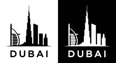 Siyah Dubai silueti logosu seyahat acenteleri ve emlak firmaları için idealdir. İkonik şehir unsurları içeren parlak bir kimlik.