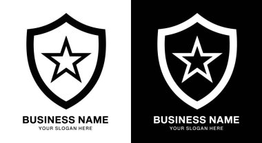 Kalın bir siyah kalkan logosu, merkezi beş köşeli bir yıldız sembolü içeriyor. Güvenlik koruma kalitesi ve kurumsal markalaşma için mükemmellik simgesi.
