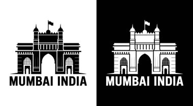 Kalın siyah Mumbai Hindistan silueti seyahat ve emlak markaları için yapılmış ikonik şehir simgelerini barındıran güçlü bir şehir kimliği.