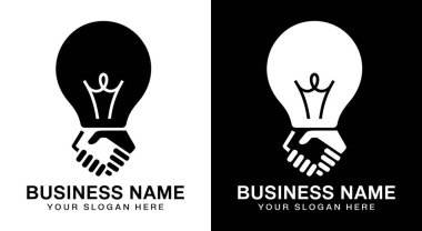 Cesur siyah ampul ve tokalaşma logosu, danışmanlık firmaları için yenilikçi çözümler ortaklığını sembolize ediyor. Ticari marka kimlik stratejisi için profesyonel ikon