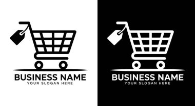 Perakende satış mağazaları için koyu siyah el arabası ve etiket logosu. Özelleştirilebilir EPS dosyası, e-ticaret, butikler ve perakende markalaşma için mükemmel..