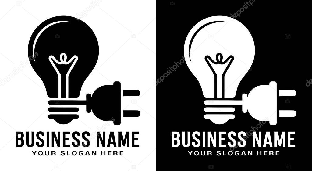 Bold black bulb and plug logo for tech firms, symbolizing innovation. Customizable EPS file, perfect for startups, IT companies, and tech solutions branding.