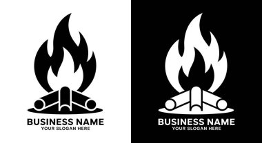 Cesur siyah ateş ve fener logosu kamp işleri için vahşi doğayı simgeliyor. Açık hava dişli dükkanları için profesyonel ikon macera ve kamp markaları için.