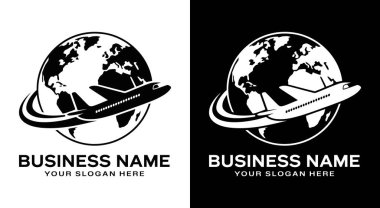 Kalın siyah dünya ve uçak logosu turizm şirketleri için seyahati simgeliyor seyahat acenteleri için profesyonel simge tur operatörleri ve marka kimliği