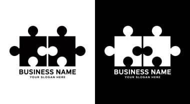 Cesur siyah logo iki yapboz parçasını bir araya getirerek bağlantı ortaklığı çözümlerini, işbirliği ve ideal iş simgesini sembolize eder.