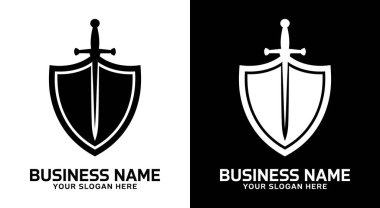 Güvenlik şirketleri için ideal siyah kalkan ve kılıç unsurlarına sahip güçlü logo tasarımı güvenlik ve güvenilirliği vurgulayan firmalar için mükemmel koruma gücü ve profesyonelliği temsil eder.