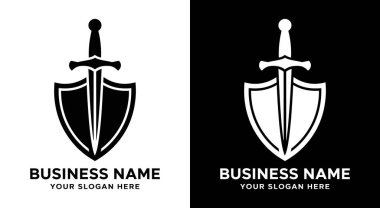 Cesur siyah kılıç ve kalkan unsurlarının yer aldığı güçlü logo tasarımı güvenlik odaklı işletmeler için mükemmel savunma ve profesyonellik sunuyor. Güvenlik ve korumayı vurgulayan firmalar için ideal bir savunma ve profesyonellik.