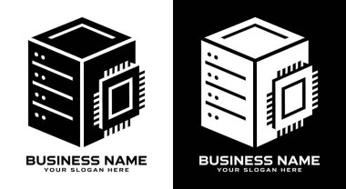 Cesur siyah sunucu ve çip elementlerinin yer aldığı modern logo tasarımı bilişim hizmetleri için ideal yenilik teknolojisi ve profesyonelliği temsil ediyor.