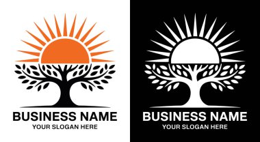 Cesur kara ağaç ve güneş elementleri içeren çevre dostu logo tasarımı sürdürülebilirliği teşvik eden işletmeler için idealdir. Yaşam gücü büyümesini ve doğayla bağlantıyı sembolize eder. Çevresel sorumluluğa odaklanan şirketler için mükemmel.