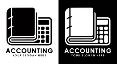 Muhasebe firmaları için tasarlanmış muhasebe firmaları ve muhasebecilik uzmanları ve işletmeleri için hazırlanmış hesap defteri ve hesap makinesi ikonu olan cesur siyah logo.