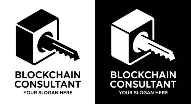 Blok ve anahtar konsepti içeren koyu siyah logo blok danışmanları ve dijital firmalar için mükemmel güvenli teknoloji çözümleri ve yenilikler üzerine odaklanmış