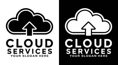 Bulut ve ok logosu veri transferini ve depolama çözümlerini simgeliyor. Bulut hizmeti sağlayıcıları ve bilişim şirketleri için mükemmel.