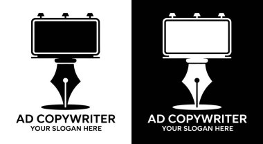 Reklam ajansları, pazarlamacılar ve reklam uzmanları için tasarlanmış reklam panosu ve kalem ikonlu cesur siyah logo mesajlaşma ve yaratıcı markalaşma üzerine odaklanmış.