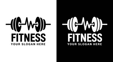 Enerji, güç ve kardiyo sağlığını temsil eden dijital fitness eğitmenleri ve egzersiz uygulamaları için dinamik dambıl ve kalp atışı logosu