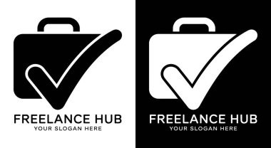 Serbest merkezler, uzak çalışma platformları ve güvenilirlik odaklı güvenilir hizmet tabanlı işletmeler için oluşturulan bir evrak çantası ve işaret simgesi içeren koyu siyah logo