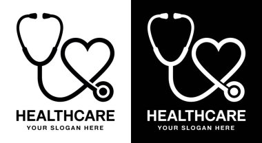Merhametli bakımı ve klinik mükemmelliği temsil eden tıbbi uygulamalar için profesyonel steteskop ve kalp logosu