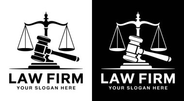 Adalet otoritesini ve hukuki uzmanlığı temsil eden avukatlar ve hukuk firmaları için profesyonel tokmak ve ölçek logosu