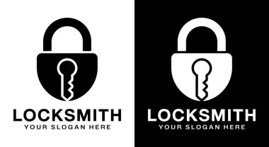 Çilingirler, güvenli erişim sağlayıcılar ve koruma çözümleri sunan güvenlik odaklı işletmeler için hazırlanmış anahtar ve asma kilit simgesi içeren koyu siyah logo