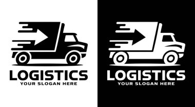 Verimli ulaşım ve zamanında sevkiyat çözümlerini temsil eden lojistik şirketleri için modern kamyon ve ok logosu