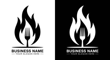Yemek pişirme tutkusu ve gurme sunumunu temsil eden restoranlar ve şefler için dinamik çatal ve alev logosu