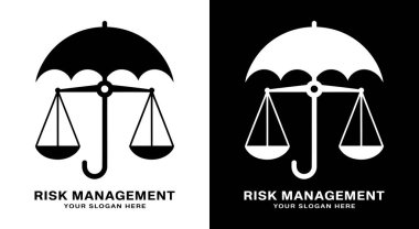 Profesyonel şemsiye ve denge logosu, işletmeler için kapsamlı risk değerlendirmesi ve koruma stratejilerini temsil etmektedir.