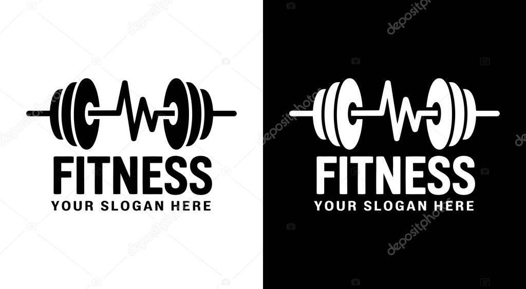 Dynamic dumbbell and heartbeat logo for digital fitness trainers and workout apps representing energy, strength and cardio health