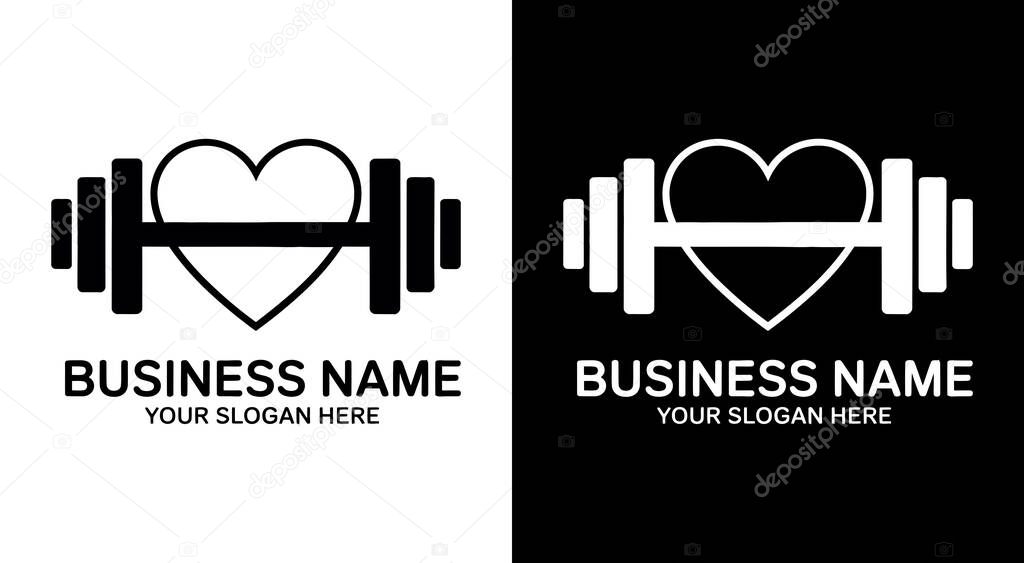 Powerful dumbbell and heart logo for gyms and fitness centers symbolizing strength training and cardiovascular health