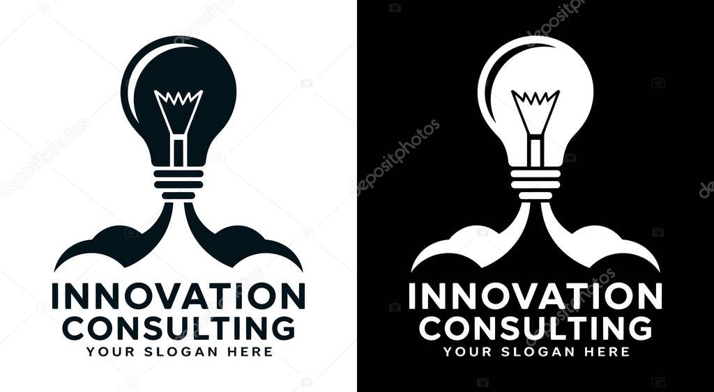 Bold black logo featuring a light bulb and rocket icon designed for innovation consultants creative strategists and breakthrough-focused business services