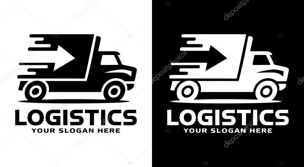Modern truck and arrow logo for logistics companies representing efficient transportation and on-time shipment solutions