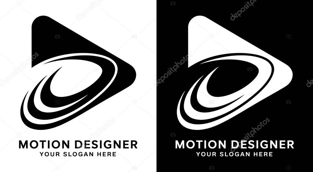 Energetic play button and motion trail logo for designers representing fluid movement and impactful visual storytelling