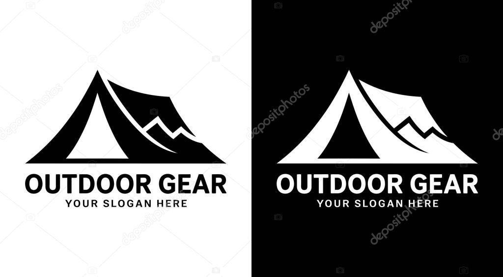 Rugged tent and mountain ridge logo for outdoor brands offering durable equipment for hiking camping and exploration