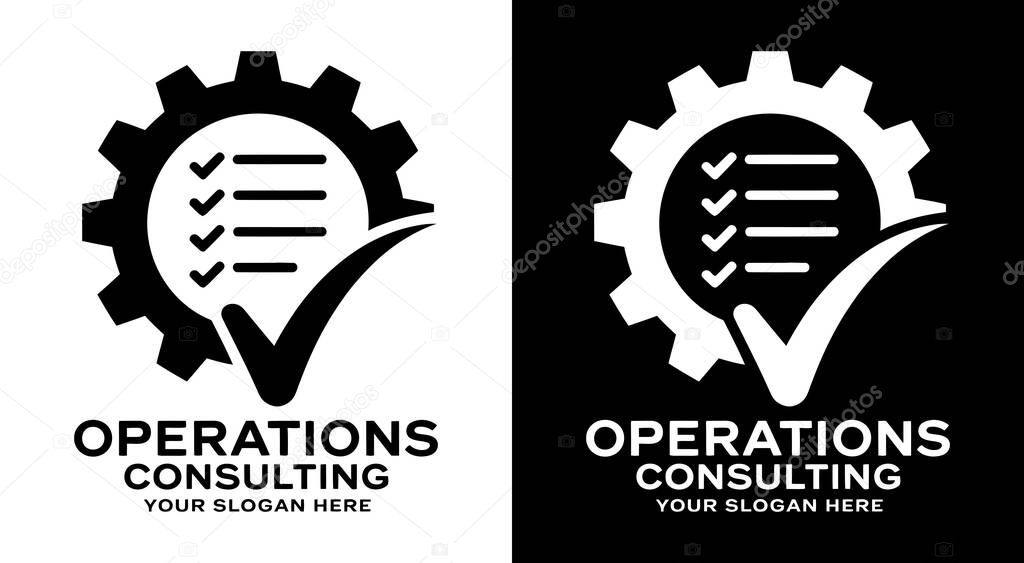 Strategic gear and checklist logo for operations consultants representing process optimization and business efficiency solutions