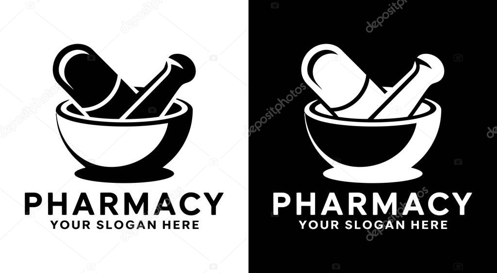 Professional pill and mortar logo for pharmacies representing trusted medication care and wellness solutions