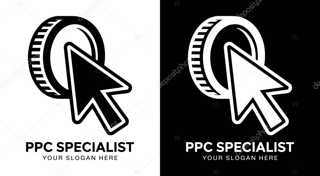 Modern cursor and coin logo for PPC specialists and ad managers representing profitable campaigns and click-driven marketing results